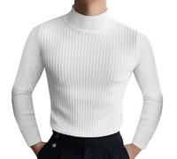 Mock Neck Tops for Men Long Sleeve Ribbed Shirts Turtleneck High Collar Fall Thermal Pullover Base Layer Undershirts Camisas Cuello De Tortuga para Hombre(White, M)