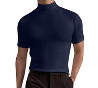 Mock Neck Tops for Men Short Sleeve Ribbed Shirts Turtleneck High Collar Fall Thermal Pullover Base Layer Undershirts(Z12-Navy, XL)
