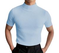 Mock Neck Tops for Men Short Sleeve Ribbed Shirts Turtleneck High Collar Fall Thermal Pullover Base Layer Undershirts Camisas Cuello De Tortuga para Hombre(Blue, XXL)