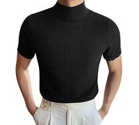 Mock Neck Tops for Men Short Sleeve Ribbed Shirts Turtleneck High Collar Fall Thermal Pullover Base Layer Undershirts Playera Cuello De Tortuga para Hombre(Z01-Black, L)