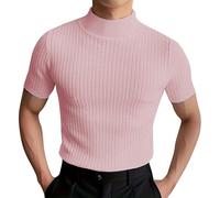 Mock Neck Tops for Men Short Sleeve Ribbed Shirts Turtleneck High Collar Fall Thermal Pullover Base Layer Undershirts Playera Cuello De Tortuga para Hombre(Pink, XXL)