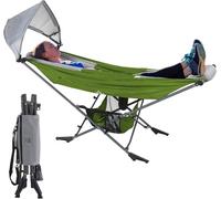 MOCK ONE Hammock with Stand with Adjustable Sunshade Canopy, Portable Free Standing Hammock with Steel Frame for Outdoor, Garden, Camping, Beach, Green