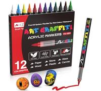 Mockredn Creative Marker Acrylic Paint Pens 12 Assorted Colours, Brush Tip No Bleed Water-Based Ink Paint Markers Writes on Most Surfaces for School & Revision Supplies
