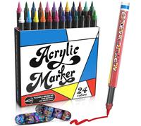 Mockredn Creative Marker Acrylic Paint Pens 24 Assorted Colours, Brush Tip No Bleed Water-Based Ink Paint Markers Writes on Most Surfaces for School & Revision Supplies