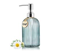 MOCLIF 16OZ Fashion Stripe Clear Glass Refillable Soap Dispenser with 304 Stainless Steel Pump Premium Soap Dispenser, for Kitchen, Bathroom, Hand Sanitizer, Liquid Soap, Lotion, etc. (Clear Blue)