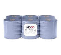 Moco Blue Centrefeed Rolls 6 Pack - 2-Ply Recycled Embossed 170 Sheets per Roll, 16.6×22cm Sheets, 37.4m Roll - Industrial Cleaning Tissue for Kitchen, Catering & Commercial Use (6 Rolls)