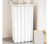 Mocoli Foldable Shower Curtain Rod, 4-Fold Foldable Shower Curtain Rod Set with Suction Cup 1.8 x 2.0 m Waterproof ShowerCurtain No Drilling 162cm Pole L/U Ladder Shape Straight Shape (White, 4 Fold)