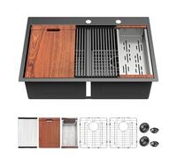 Mocoloo Black Drop In Kitchen Sink - 50/50 Black Drop In Double Bowl NANO-PVD 16 Gauge Stainless Steel Topmount Kitchen Sinks Handmade, 33''x22''x10''