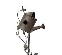 MOCOME Outdoor Bird House with Pole Metal Garden Stake Decor,Watering Can with Flower, Distressed Rustic Birdhouse for Outside, Yard(Rusty 58.5")