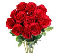 Mocoosy 12PCS Red Artificial Rose Flowers, Silk Roses Single Stem Realistic Fake Rose Bouquet for Wedding Bridal Shower Home Garden Decorations