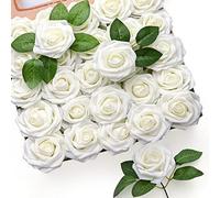 Mocoosy 50Pcs Artificial Flowers Rose Ivory White Fake Roses Flowers for Decorations, Faux White Foam Roses Bulk with Stem for Wedding Bouquets Centerpieces DIY Crafts Flower Arrangements Home Decor