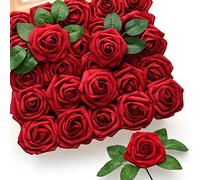 Mocoosy 50Pcs Red Roses Artificial Flowers, Artificial Rose Real Touch Foam Fake Roses Bulk with Stem,Lifelike Rose DIY Craft Flower for Wedding Bridal Bouquet Centerpiece Arrangement Party Home Decor