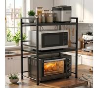 Mocosy 2 Tier Expandable Microwave Oven Rack, Heavy Duty Extendable Microwave Shelf Stand with 3 Hooks, Height Adjustable Kitchen Counter Organiser Toaster Baker’s Rack (Black)