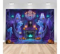 Mocsicka 7x5ft Halloween Backdrop Spooky Medieval Castle Haunted House Ghost Photography Background for Scary Party Decor Photo Booth Prop (Purple, 7x5ft(82"x60"))