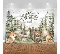 Mocsicka Adventure Awaits Baby Shower Backdrop - Woodland Animals Forest Mountain Wilderness Adventure Background - 7x5ft Cotton Green