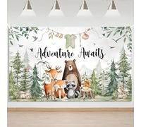 Mocsicka Adventure Awaits Banner Backdrop Woodland Baby Shower Party Decorations Retro Forest Cute Cartoon Animals Photography Background Photo Booth Props