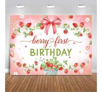 Mocsicka Berry First Birthday Backdrop Banner Girls Bow Strawberry Birthday Decorations 1st Girls Strawberry Theme Photography Background Party Supplies Photo Props (7x5ft (82x60 inch))