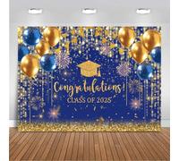 Mocsicka Blue and Gold Graduation Backdrop 2024 Congratulations Glitter Balloons Photography Background Class of 2024 Graduation Party Decorations Congrats Grad Photo Booth (8x6ft 2024)