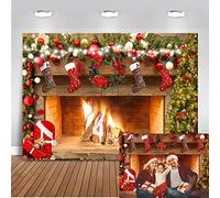 Mocsicka Christmas Fireplace Backdrop 7x5ft Merry Christmas Fireplace Family Picture Party Decorations Photobooth Backdrops Xmas Socks Trees Burning Firewoods Photography Background