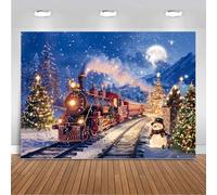 Mocsicka Christmas Train Backdrop Winter Railway Town Xmas Tree Party Decorations Christmas Eve New Year Family Holiday Party Banner Photography Background (7x5ft (82x60 inch))