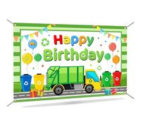 Mocsicka Garbage Truck Birthday Banner Green Trash Truck Kids Birthday Decorations Photography Background Party Banner Photo Booth Props 70.8 x 43.3 Inch