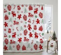Mocsicka Gingerbread Shower Curtain Set Merry Christmas Bathroom Decor Vintage Gingerbread House with Candy Cartoon Waterproof Fabric Washable Bath Curtain (White and Red, 71x71inch)