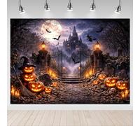 Mocsicka Halloween Castle Backdrop - Spooky Pumpkin Graveyard Jack-O'-Lanterns Background, Scary Moon Witch Halloween Party Decorations Photo Booth (Black, 8x6ft)