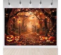 Mocsicka Halloween Forest Backdrop - Fall Pumpkin Halloween Party Photo Background Decorations, Spooky Forest Jack-o'-Lantern Bat Cemetery Photography Backdrop (7x5ft)