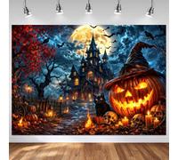 Mocsicka Halloween Horror Castle Backdrop (Black, 8x6ft(96"x72")) | Cotton Material, Moon Night Haunted House Party Decoration, Pumpkin Halloween Background for Photography Photo Booth Props