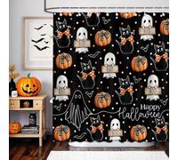 Mocsicka Halloween Shower Curtain Cartoon Ghost Cute Black Cat Pumpkin Bathroom Shower Curtain Halloween Spooky Waterproof Fabric Shower Curtains Bathtub Decor with 12 Hooks 72 X 72 Inches