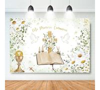 Mocsicka Mi Primera Comunion Backdrop First Holy Communion Baptism Party Decoration Gold Dots Daisy Christening God Bless Photography Background Banner Photo Booth Props (Gold, 8x6ft(96''x72''))