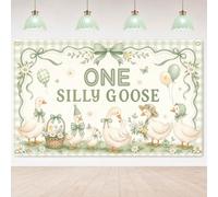 Mocsicka One Silly Goose 1st Birthday Backdrop Green Baby Shower Banner (6x3.6ft)
