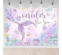 Mocsicka Oneder The Sea 1st Birthday Backdrop 7x5ft - Purple Mermaid Under The Sea Happy First Birthday Party Decorations for Girls, Starfish Shell Seaweed Photography Background