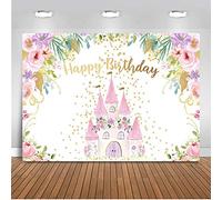 Mocsicka Pink Castle Birthday Backdrop Princess Floral Birthday Party Decorations Photo Backdrops Gold Dots Sweet Girl's Bday Photography Background (7x5ft)