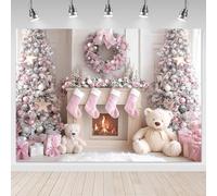 Mocsicka Pink Christmas Backdrop Christmas Fireplace Photography Background Decorations Cute Bear Christmas Tree Gift Cozy Family Holiday Party Photography Props (10x8ft)