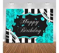Mocsicka Silver Turquoise Floral Birthday Backdrop for Girl 7x5ft Black and White Stripes Teal Background Quinceanera 15th Birthday Party Decoration (7x5ft (82x60 inch))