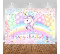 Mocsicka Unicorn Birthday Backdrop Pastel Rainbow Happy Birthday Party Decorations for Girls Balloons Glitter Gold Dots Stars Photography Background (Pink, 7x5ft(82''x60''))