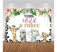 Mocsicka Young Wild and Three Backdrop Girls Safari Theme 3rd Birthday Party Decoration 7x5ft Pink Floral Leopard Photo Background for Birthday Banner (7x5ft (82x60 inch))