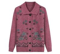 MOCUC Cardigans for Women Womens Everyday Long Sleeve Button Top, Floral Pattern Old Lady Jacket Knitwear Top Clothing Autumn Winter 50-80 Year Old Knit Sweater Coat with Pockets Pink L