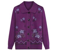 MOCUC Womens Cardigan Womens Everyday Long Sleeve Button Top, Floral Pattern Old Lady Jacket Knitwear Top Clothing Autumn Winter 50-80 Year Old Knit Sweater Coat with Pockets Purple M