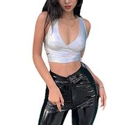 Mocure Womens Crop Top Tank Metallic Reflective Holographic Spaghetti Camisole, Silver Halter, Small