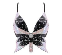 Mocure Womens Glitter Sequin Butterfly Crop Top Low-Cut Tank Top Rave Tube Vest Top for Belly Dance Costume Outfits, White&black Butterfly, One Size
