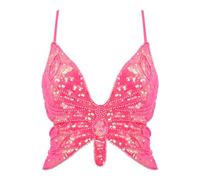 Mocure Womens Glitter Sequin Butterfly Crop Top Low-Cut Tank Top Rave Tube Vest Top for Belly Dance Costume Outfits, Pink Dazzle, One Size