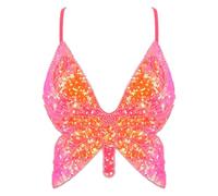 Mocure Womens Glitter Sequin Butterfly Crop Top Low-Cut Tank Top Rave Tube Vest Top for Belly Dance Costume Outfits, Rose Red Brilliant Orange, One Size