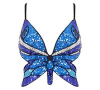 Mocure Womens Glitter Sequin Butterfly Crop Top Low-Cut Tank Top Rave Tube Vest Top for Belly Dance Costume Outfits, Royal Blue and Silver, One Size