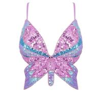 Mocure Womens Glitter Sequin Butterfly Crop Top Low-Cut Tank Top Rave Tube Vest Top for Belly Dance Costume Outfits, Purple Color Blue, One Size