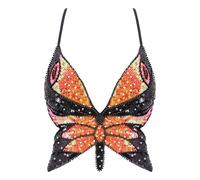 Mocure Womens Glitter Sequin Butterfly Crop Top Low-Cut Tank Top Rave Tube Vest Top for Belly Dance Costume Outfits, Black Orange, One Size