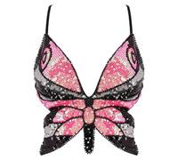 Mocure Womens Glitter Sequin Butterfly Crop Top Low-Cut Tank Top Rave Tube Vest Top for Belly Dance Costume Outfits, Black Rose Red Silver, One Size