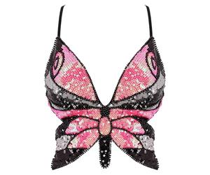 Mocure Womens Glitter Sequin Butterfly Crop Top Low-Cut Tank Top Rave Tube Vest Top for Belly Dance Costume Outfits, Black Rose Red Silver, One Size