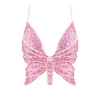 Mocure Women's Laser Pink Sequin Butterfly Crop Top, One Size, V-Neck, Sleeveless, Tank Top, Party, Rave, Belly Dance Costume Outfits